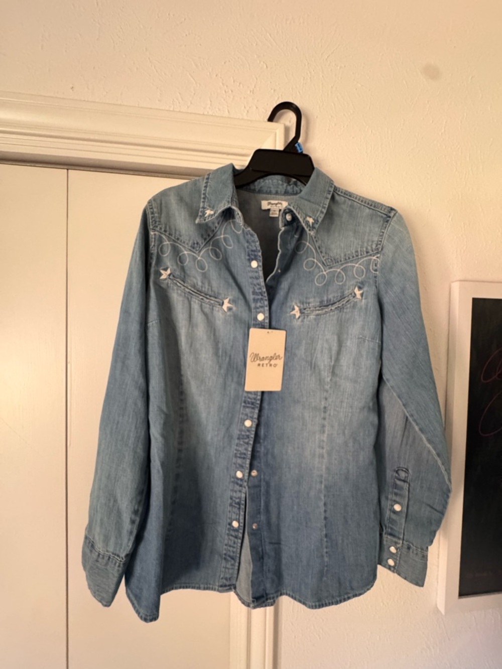 Wrangler Retro Light Blue Embroidered Denim Western Shirt